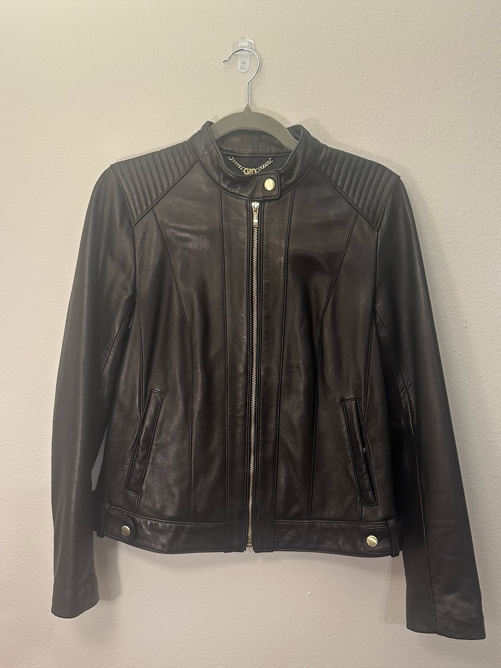 Cole Haan Black Leather Moto Jacket with Quilted Shoulders